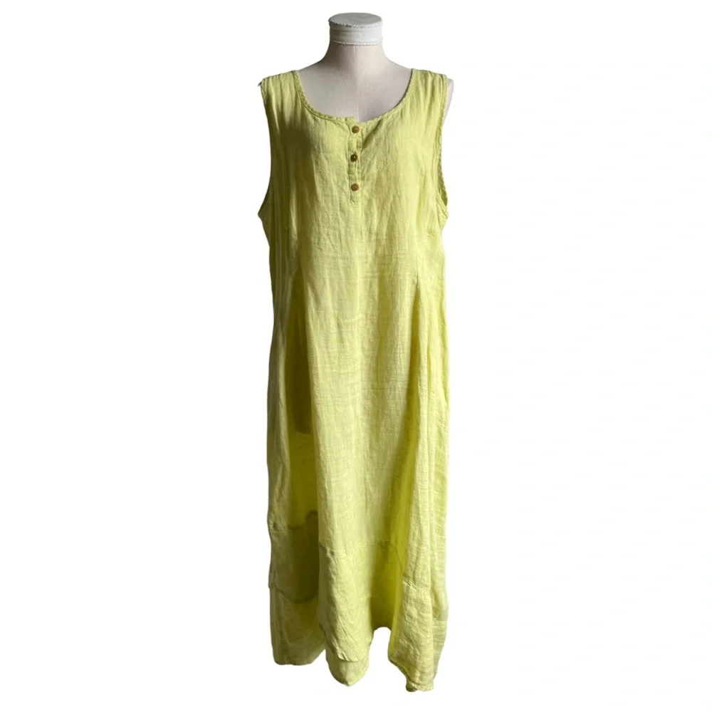 Flax Linen Lime Green Chartreuse Sleeveless Three Button Maxi Dress Size Large - Picture 10 of 16